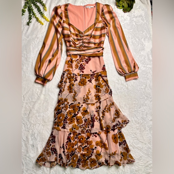 Badgley Mischka Stripe and Floral Tiered Long Sleeve Midi Dress in Coral & Brown - Picture 1 of 16
